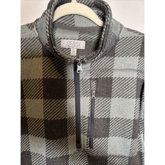 Ocean Coast Men's Medium Green Gray Black Plaid Quarter Zip Pullover Fleece - Picture 3 of 7